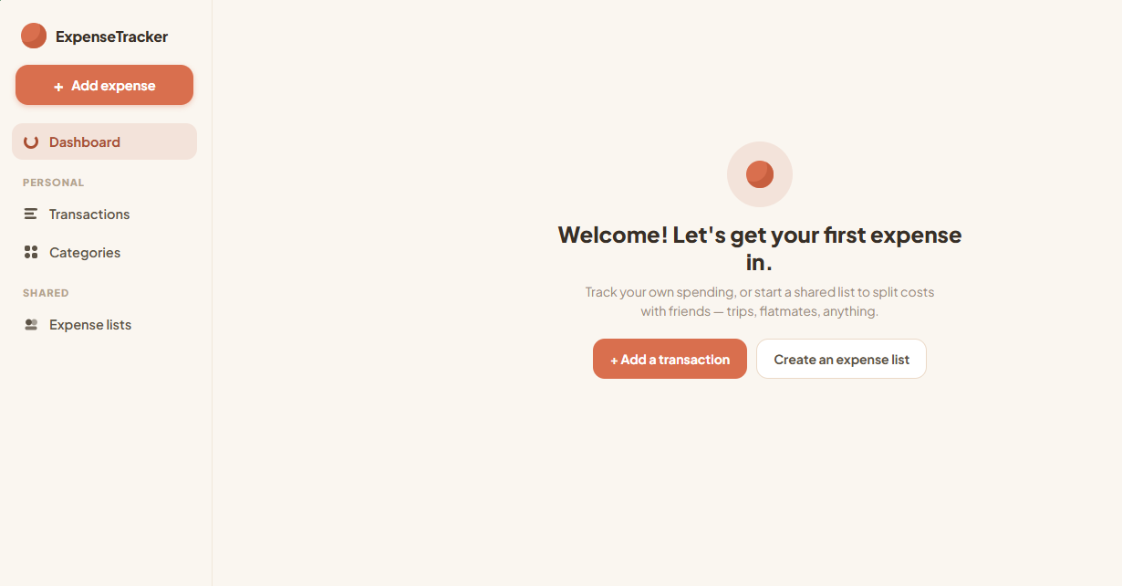 ExpenseTracker dashboard: sidebar navigation beside an empty state inviting the first expense